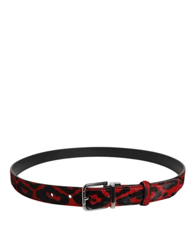 Dolce & Gabbana Black Red Leopard Silver Metal Buckle Men's Belt In Multi