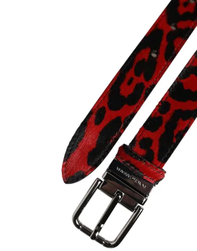 Dolce & Gabbana Black Red Leopard Silver Metal Buckle Men's Belt In Multi