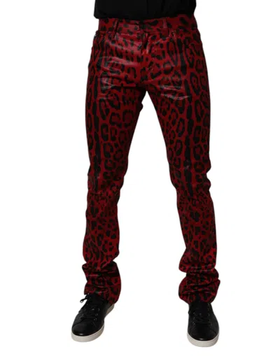 Dolce & Gabbana Red Leopard Cotton Skinny Men Denim Jeans In Red