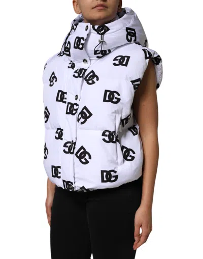 Dolce & Gabbana White Black Dg Mania Polyester Puffer Jacket In White
