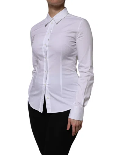 Pre-owned Dolce & Gabbana White Cotton Collared Long Sleeves Blouse Women's Top ()