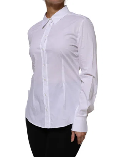 Dolce & Gabbana White Cotton Collared Long Sleeves Formal Top In White