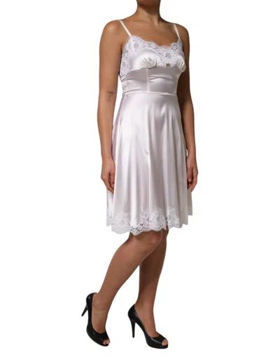 Dolce & Gabbana White Lace Gold Dg Logo Silk Dress Women's Sleepwear In White
