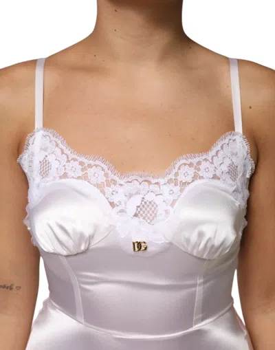 Dolce & Gabbana White Lace Gold Dg Logo Silk Dress Women's Sleepwear In White