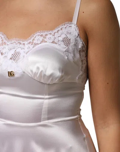 Dolce & Gabbana White Lace Gold Dg Logo Silk Dress Women's Sleepwear In White