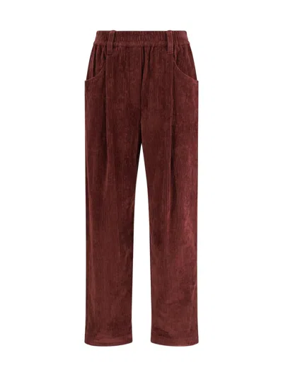 Brunello Cucinelli Soft Corduroy Pleated Straight-leg Ankle Pants In Burgundy