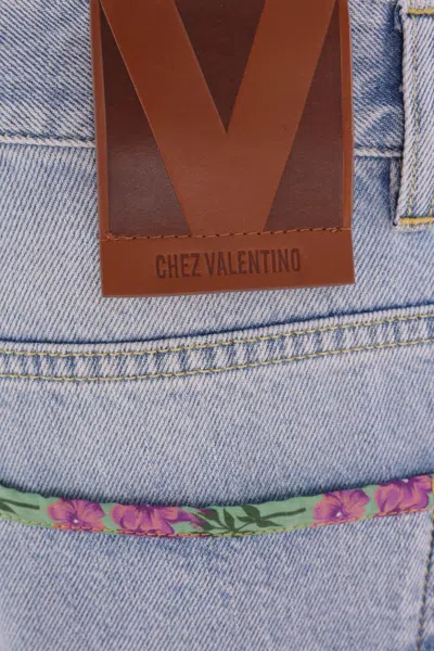Valentino Denim Trousers With Embroidered Flower Trim In Blue