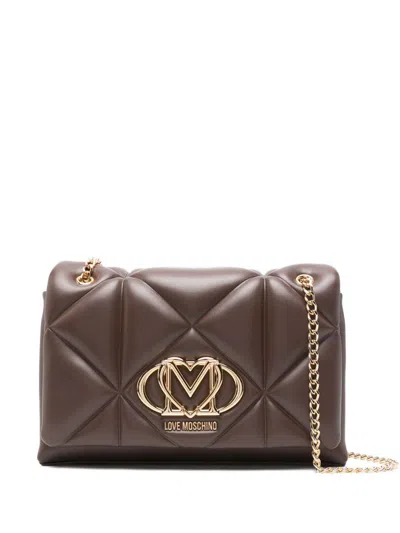 Love Moschino Quilted Shoulder Bag With Gold-tone Logo Plaque In Brown