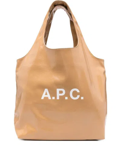 Apc A.p.c. Dark Brown Synthetic Leather Ninon Shopping Bag In Sand