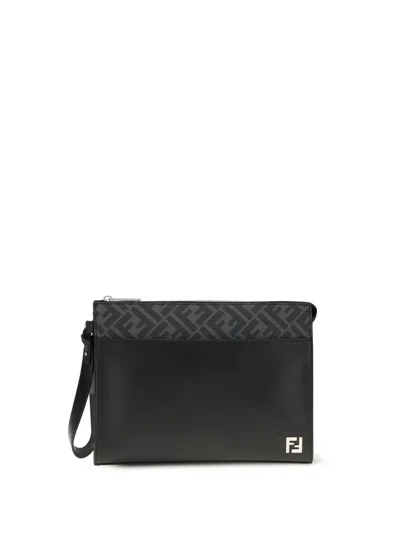 Fendi Leather And Canvas Ff Squared Clutch Bags In Black