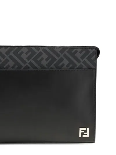 Fendi Leather And Canvas Ff Squared Clutch Bags In Black