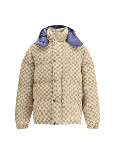 Gucci Men Gg Patterned Padded Down Jacket In Neutral