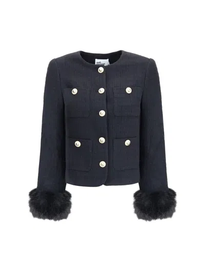 Self-portrait Faux Fur-cuff Buttoned Jacket In Blue