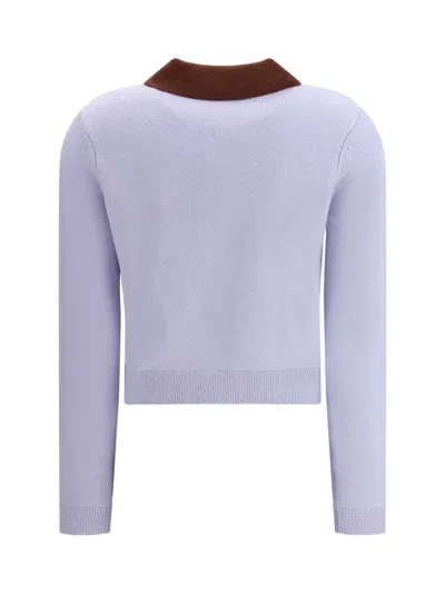 Self-portrait Light Blue Knit Contrasting Collar Polo Shirt In Purple