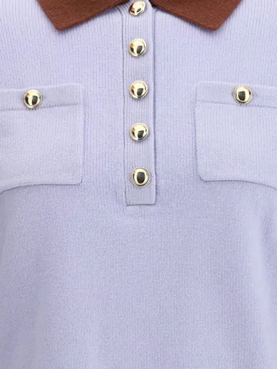 Self-portrait Light Blue Knit Contrasting Collar Polo Shirt In Purple