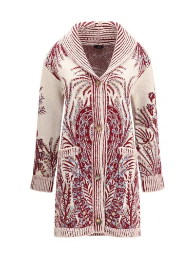 Etro , Wool And Cotton Jacquard Maxi Cardigan, Woman, Burgundy, Size 48 In Multi