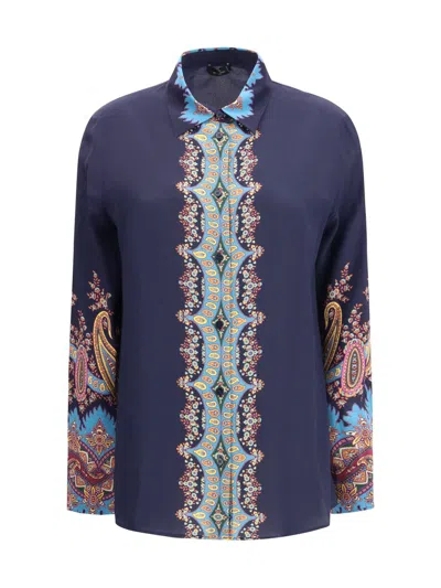 Etro Paisley Print Crepe De Chine Long-sleeved Shirt In Blue