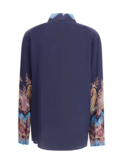 Etro Paisley Print Crepe De Chine Long-sleeved Shirt In Blue