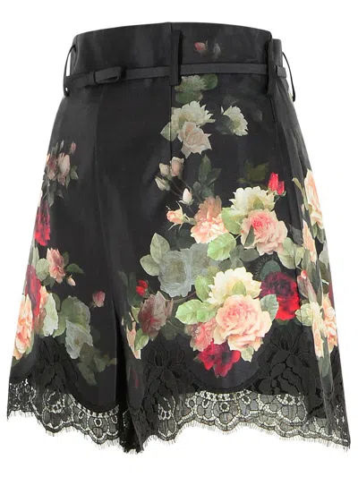 Zimmermann Belted Lace-trimmed Floral-print Silk And Cotton-blend Twill Shorts In Multi