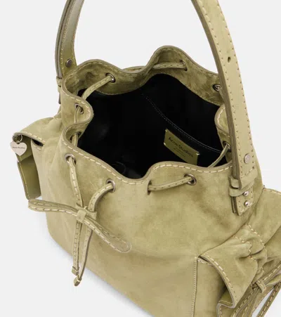 Acne Studios Multipocket Mini Suede Bucket Bag In Green