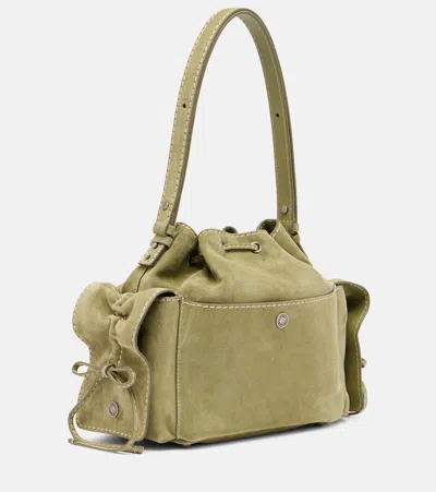 Acne Studios Multipocket Mini Suede Bucket Bag In Green