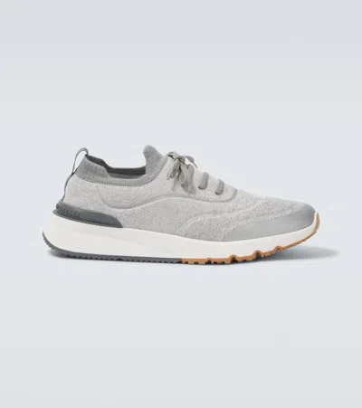 Brunello Cucinelli Techno Cotton Knit Runners With Heat Tape In Gray
