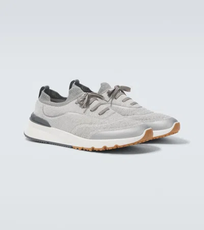 Brunello Cucinelli Techno Cotton Knit Runners With Heat Tape In Gray