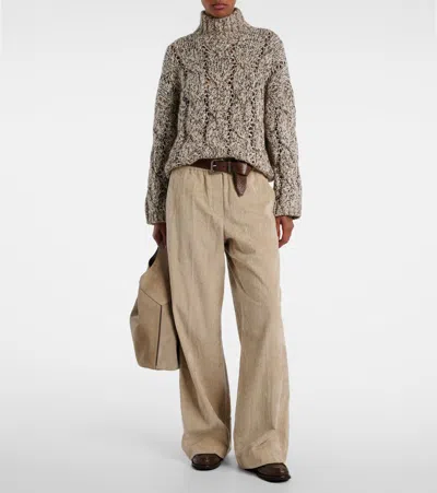 Brunello Cucinelli Wool And Cashmere Turtleneck Sweater With Sequins In Brown