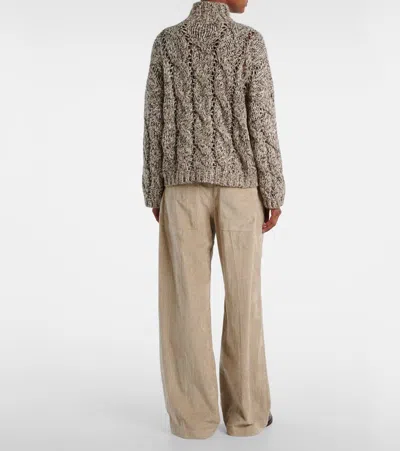 Brunello Cucinelli Wool And Cashmere Turtleneck Sweater With Sequins In Brown