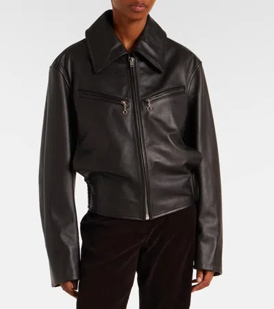 Lemaire Brown Boxy Leather Blouson Jacket In Black