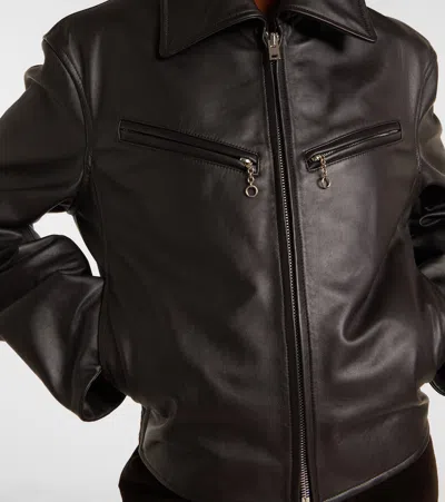 Lemaire Brown Boxy Leather Blouson Jacket In Black