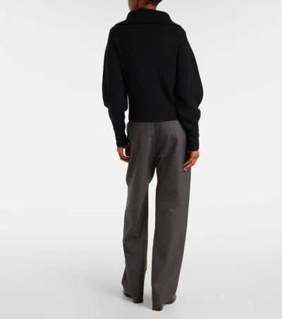 Lemaire High Collar Wool Sweater With Half-zip Closure In Black