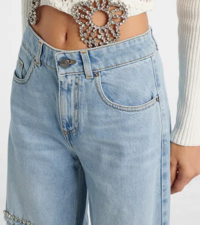 Area Distressed Crystal High Rise Relaxed Jeans In Medium Blue In Blue