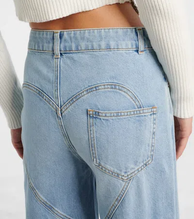 Area Distressed Crystal High Rise Relaxed Jeans In Medium Blue In Blue