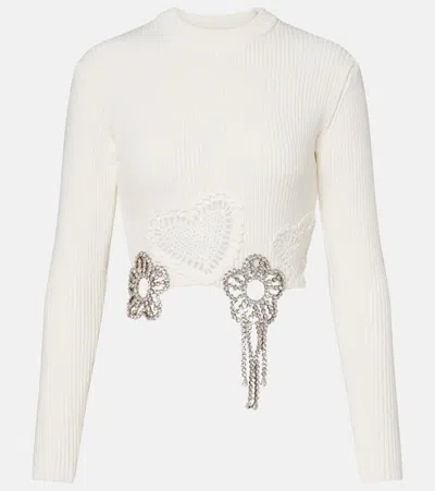 Area Crystal Crocheted Flower Cropped Sweater In White