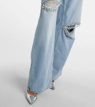 Area Distressed Crystal High Rise Relaxed Jeans In Medium Blue In Blue