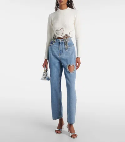 Area Crystal Crocheted Flower Cropped Sweater In White