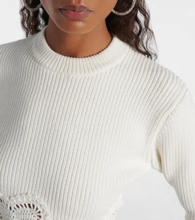 Area Crystal Crocheted Flower Cropped Sweater In White