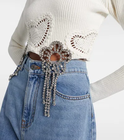 Area Crystal Crocheted Flower Cropped Sweater In White