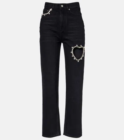 Area Crystal Heart High Rise Straight Leg Jeans In Black