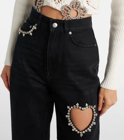 Area Crystal Heart High Rise Straight Leg Jeans In Black