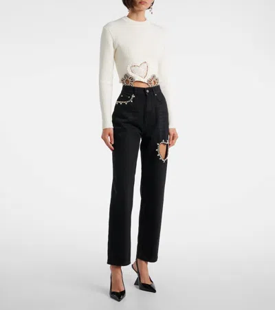 Area Crystal Heart High Rise Straight Leg Jeans In Black