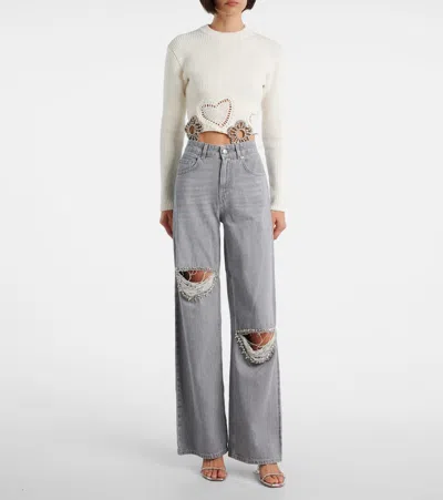 Area Distressed Crystal Relaxed Slit Jeans Light Grey In Gray