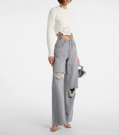 Area Distressed Crystal Relaxed Slit Jeans Light Grey In Gray