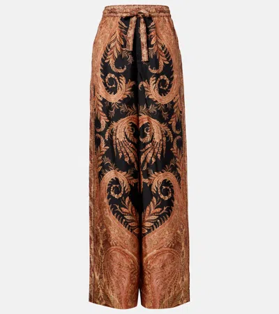Zimmermann Wide-leg Trousers With Intricate Baroque Print And Adjustable Waistband In Black