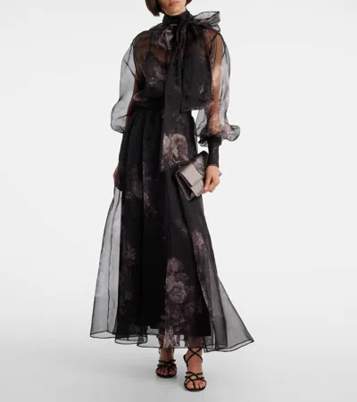 Zimmermann Hypnotic Floral Silk Organza Maxi Skirt In Black