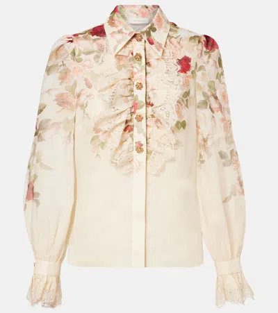 Zimmermann Cream Cascade Print Hypnotic Tux Shirt In Sand