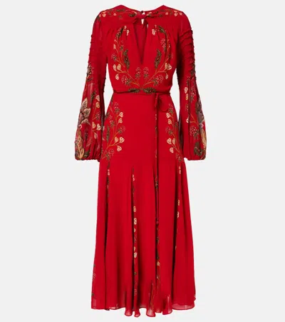 Farm Rio Red Berry Garden Long Sleeve Pleated Maxi Dress In Multi