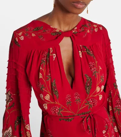 Farm Rio Red Berry Garden Long Sleeve Pleated Maxi Dress In Multi