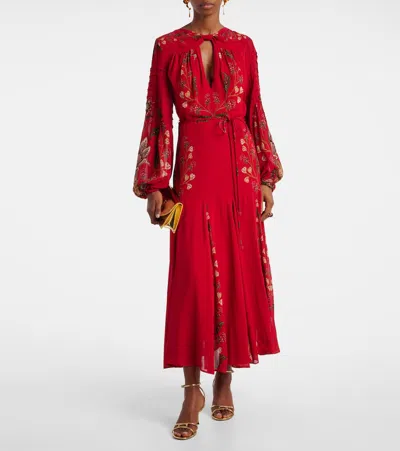 Farm Rio Red Berry Garden Long Sleeve Pleated Maxi Dress In Multi